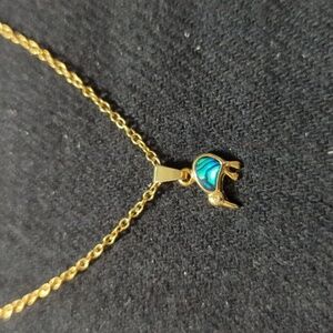 Gold Tone Blue Abalone Shell Kiwi Bird Dainty Delicate Pendant Statement Necklac